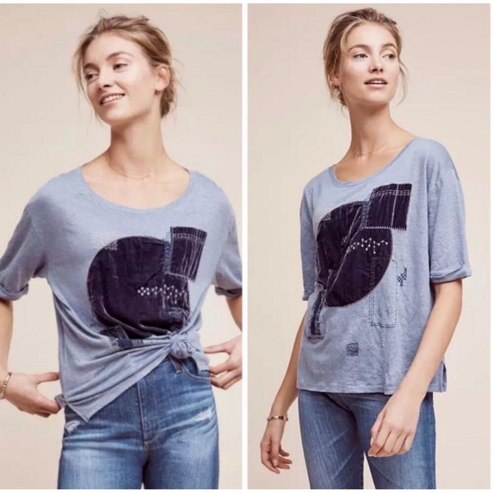 Anthropologie Akemi + Kin Blue Linen Velvet Patchwork Embroidered Top Sz Small